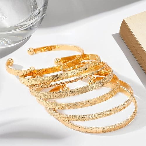 Gold Bangle Bracelets for Women, 14k Gold Plated Multi Layer Cuff Bangles Set, Stackable Boho Non Tarnish Elegance Smooth Bangle Jewelry Gifts for Her thumbnail 6