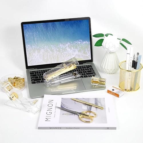 Gold Desk Accessories, Office Supplies Set with Acrylic Stapler, Tape Dispenser, Staple Remover, Pen Holder, Scissor, Binder Paper Clips, 1 Ballpoint Pen, 1 Clear Tape and 1000pcs Staples thumbnail 2