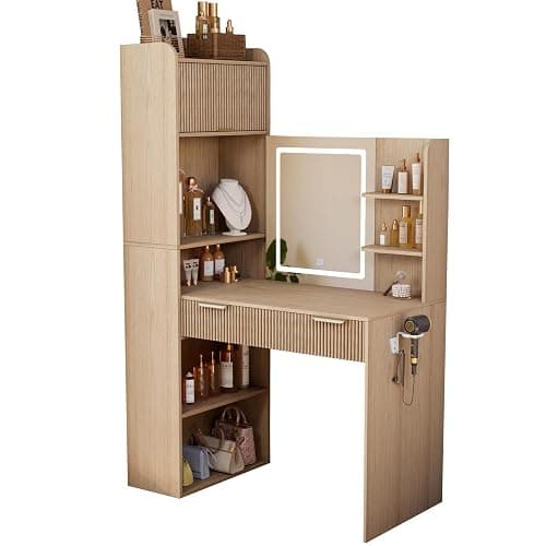 Royal Windsor Makeup Vanity Desk with Mirror and Lights, Corner Vanity Desk, 3 Color Touch Screen Led Mirror, High-Capacity Storage, Girls Vanity Combo,Natural Oak - Image 1