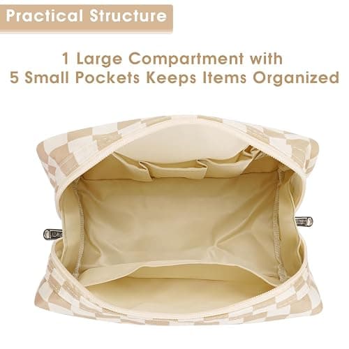 Narwey Checkered Makeup Bag Travel Cosmetic Bag Organizer Toiletry Bag Make Up Bags with Compartments for Women Girls (Large, Light Checkerboard) thumbnail 4