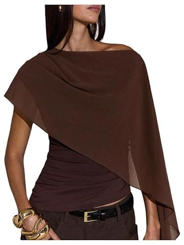 BEAUDRM Women's Ruched Cape One Shoulder T Shirts Short Sleeve Asymmetrical Neck Fitted Crop Top - Image 1