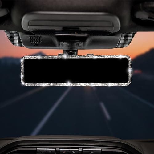 JOYTUTUS Rear View Mirror, Universal 12 Inch Panoramic Rearview Accessories with Bling Rhinestones Crystal Diamonds Edge, Interior Clip-on Wide Angle Rear View Mirror -White - Image 1