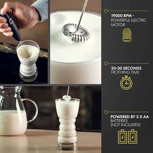 Unicoff Handheld Milk Frother with Stand – Electric Milk Frother for Coffee, Latte, Cappuccino & Matcha – Battery Operated Drink Mixer, BPA-Free Stainless Steel Whisk, Portable Mini Foam Maker (Black) thumbnail 4