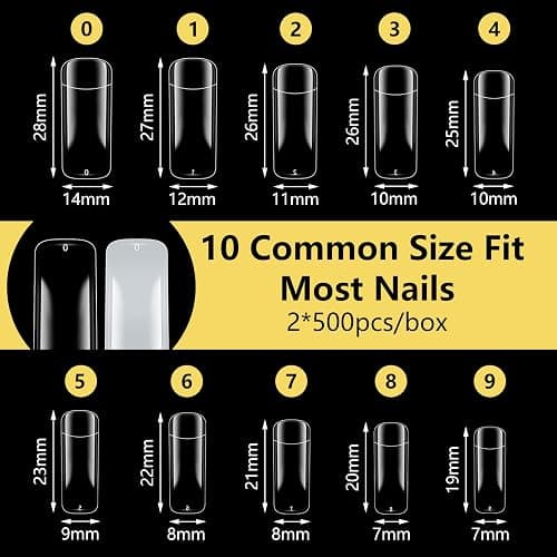 Yokilly 1000PCS Square Nail Tips and Glue, Clear Natural False Acrylic Nail Tips, Half Cover 10 Sizes French Artificial Nail Tips Manicure with Nail Clipper, Nail Files and Glue for Dip Powder Nail Salon, Home DIY thumbnail 3