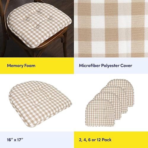 Sweet Home Collection Chair Cushion Memory Foam Pads Tufted Slip Non Skid Rubber Back U-Shaped 17" x 16" Seat Cover, 6 Pack, Checkered Taupe/White thumbnail 6