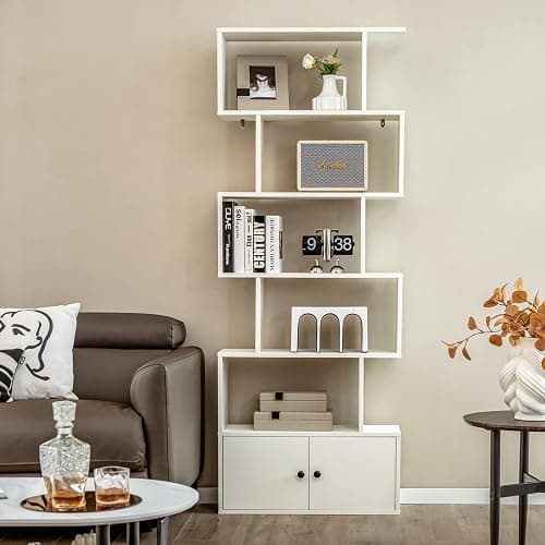 Giantex 6-Tier Geometric Bookcase with Cabinet, Freestanding Display Shelves with Anti-Tipping Device, Wood S-Shaped Bookshelf for Living Room, Bedroom, Study, White thumbnail 9