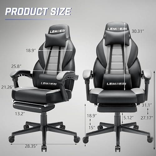 LEMBERI Gaming Chair with Footrest, Ergonomic Video Game Chair for Adults, Big and Tall Chair 400lb Weight Capacity, Racing Style Computer Gamer Chair with Headrest and Lumbar Support, PU Leather thumbnail 3