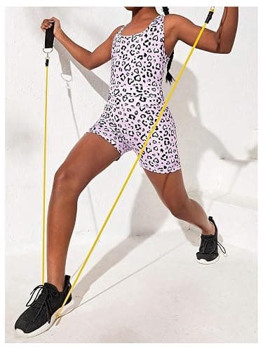 WDIRARA Girl's 2 Piece Outfits Leopard Cut Out Back Tank High Waisted Gym Shorts Athletic Workout Outfits thumbnail 5