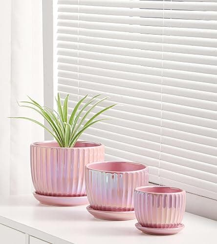 Ton Sin Pink Gold Ceramic Flower Pots, 4"+5"+6" Inch Small Glazed Succulent Planters with Drainage Hole,Modern Indoor Decorative Plant Pots Set of 3,Garden Pots with Saucer thumbnail 4