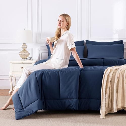 CozyLux Full Size Comforter Sets Navy Blue, 7 Pieces Bed in a Bag, Navy Comforter Full Size, All Season Bedding Sets with Stitch Quilted Comforter, Flat Sheet, Fitted Sheet, Pillowcases thumbnail 7