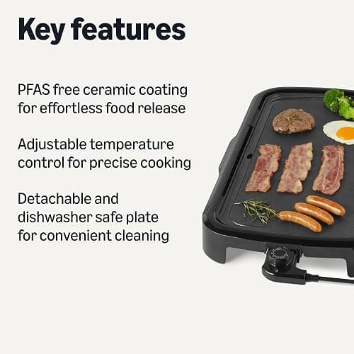 Amazon Basics Electric Griddle with Nonstick Ceramic Coating, Flat Grill for Pancake, 10 x 20 inches, Black thumbnail 3