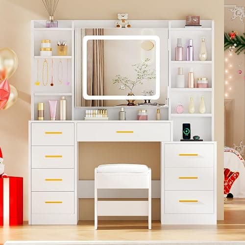 BEWISHOME Large Vanity Desk with Mirror and Lights,White Makeup Vanity Table with Power Outlet,Makeup Desk with 8 Drawers,7 Open Shelves,12 Hooks,Nightstand and Stool,Dressing Table for Bedroom FST53W thumbnail 9