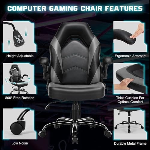 DUMOS Gaming Ergonomic Office Chair for Adults, Height Adjustable Computer Desk Chair with Flip-up Armrests, PU Leather Swivel Video Game Chair with 360° Rolling Wheels, Grey thumbnail 5