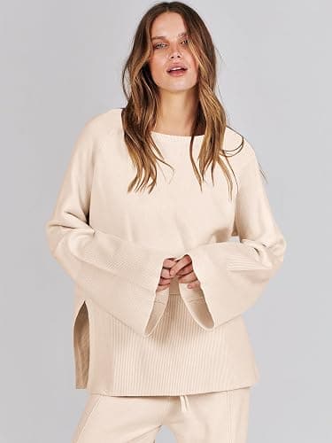 ANRABESS Womens 2 Piece Outfits Oversized Knit Sweater Set Wide Leg Pant Cozy Lounge Matching Pajama Sets 2025 Trendy Clothes thumbnail 3
