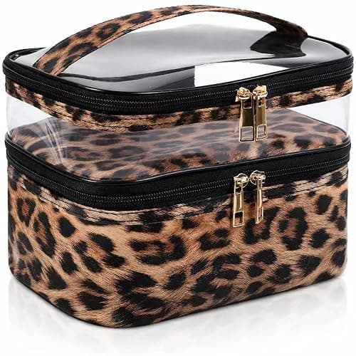 imerelez Double-layer Cosmetic Bag Makeup Bag Travel Makeup Bag Makeup Bags for Women Cosmetics Cases Portable Waterproof Foldable (Leopard) - Image 1