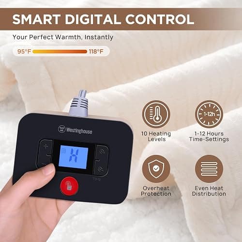 Westinghouse Electric Blanket Twin, Flower Jacquard Heated Blanket Twin Size with 10 Heating Levels and 1-12 Hours Auto-Off, Flannel to Sherpa Reversible, Machine Washable (62" x 84", Beige) thumbnail 3