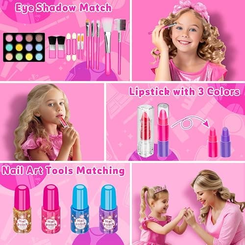 Hollyhi 58 Pcs Kids Makeup Toys Kit for Girls, Real Washable Make Up Set | Safety Material Certificates, Non-Toxic, Storage Case with Mirror, Birthday Gifts for 3 4 5 6 7 8 9 10 11 12 Years Old (Rose) thumbnail 3