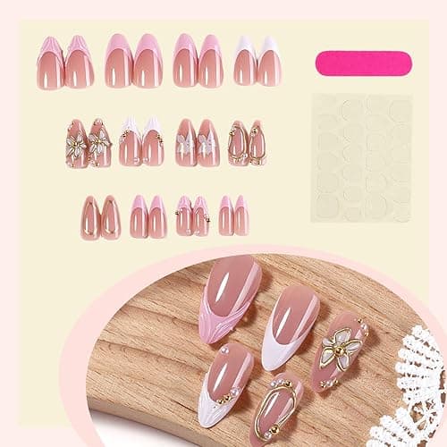 Spring Press On Nails French Fake Nails Medium Almond False Nails With Flower Pearl Designs Acrylic Nail Press Ons Full Cover Glue On Nails Glossy Stick On Nails For Women Manicure 24Pcs thumbnail 2