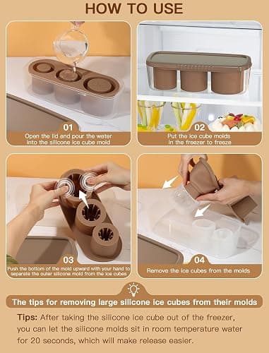 Ice Cube Tray for Tumbler Cup 30Oz-40Oz, 3 Pcs Silicone Cylinder Ice Mold with Lid and Bin for Freezer, Easy Fill and Release Ice Maker for Whiskey, Cocktail BPA-Free (Brown, 40Oz-Type1) thumbnail 4
