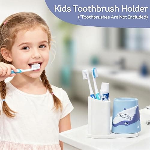 Lily's Home Kids Toothbrush Holder - 3D Shark Tumbler & Organizer Set - Fun Bathroom Storage Decor - Blue/White Design - Kids Bathroom Accessories - Space-Saving Holder for Toothbrush/Toothpaste thumbnail 6