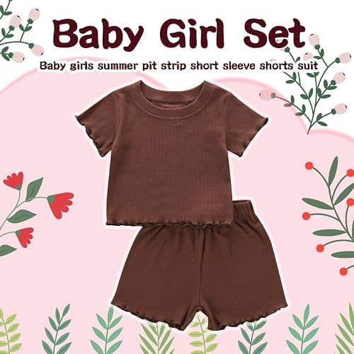 Dimoybabe Toddler Baby Girl Summer Clothes Ribbed Knit Cotton Cute Summer Outfits Short Sleeves 2 Pieces Shorts Set 12M - 5T thumbnail 2