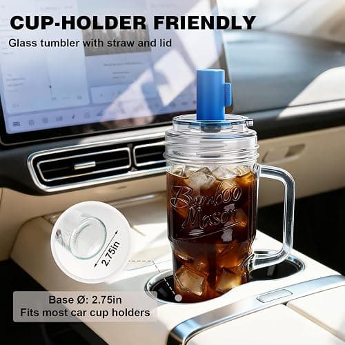 Bamboo Mason Leakproof Mason Jar Cups with Lids and Straws, 24oz Glass Tumbler with Handle, Leak-Proof Rotating Lid & Silicone Straw, Reusable Iced Coffee & Matcha Cup Set Coffee Gifts for Women -2pc thumbnail 6