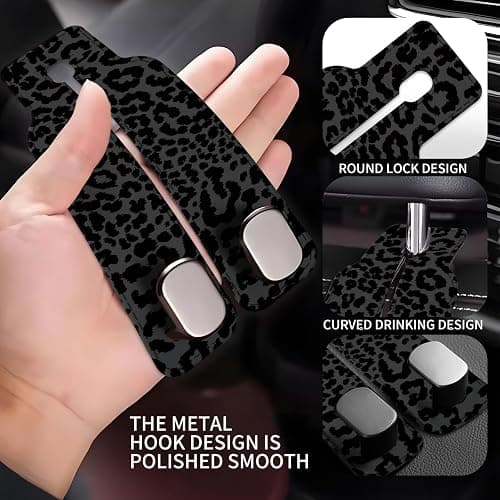 AXBSAKDI Car Seat Back Storage Headrest Hook, 1 Pack Premium Leather Double Metal Hook, Hanger Storage Organizer for Purse Cloth Bag, Car Interior Accessories Luxury Black Leopard thumbnail 4