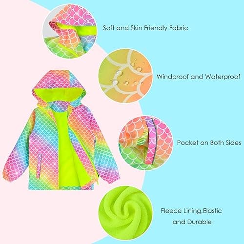 OlyPegic Girls Rain Jacket Waterproof Hooded Fleece Lined Lightweight Windbreaker Kids Windproof Jackets Raincoats Kids thumbnail 4