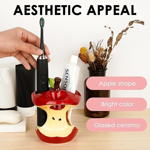 DODAMOUR Ceramic Apple Toothbrush Holder, 3 Slot Bathroom Organizer, Cute Apple Core Design Countertop Accessory, Glazed Vanity Stand Fits Slim Electric Brushes (Red) thumbnail 5