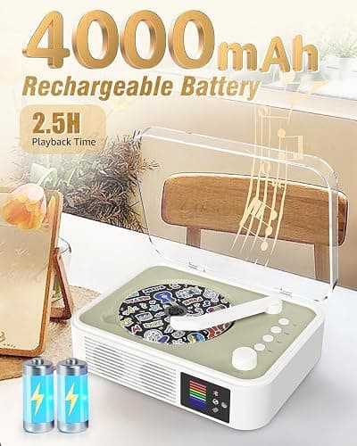 CD Player Portable Bluetooth LED Desktop Retro CD Players for Home with Speakers Rechargeble Battery Small Vintage CD Player with Bluetooth Out & Input, USB, AUX Out, Remote Control (White) thumbnail 5