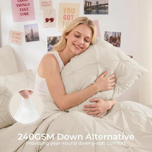 Sasttie Twin Comforter Set, 5-Piece Bed in a Bag, Pintuck Bedding Sets for All Season, Includes Comforter, Flat Sheet, Fitted Sheet, Pillowcase and Pillowsham, Beige thumbnail 2