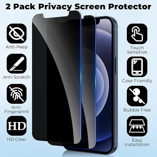 WHPXJY 2 Pack Privacy Screen Protector for iPhone 12/12 Pro 6.1 inch, Anti-Spy Screen Protector Tempered Glass Film Shatterproof/Anti-Scratch/Touch Sensitive/No Air Bubbles/Easy to Install thumbnail 2