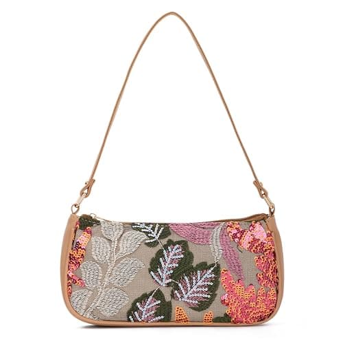 Oweisong Women Floral Beaded Purses Summer Hobo Embroidered Shoulder Bag Leather Sequin Top Handle Underarm Handbag - Image 1