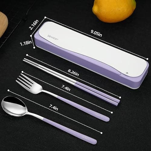 DEVICO Travel Utensils, Portable 18/8 Stainless Steel Silverware Flatware Set, Include Fork Spoon Chopsticks with Case (Purple) thumbnail 3