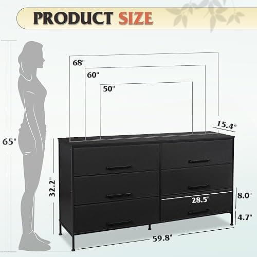 WLIVE 6 Drawer Dresser for Bedroom Large, Fabric Black Dresser TV Stand for 55, 60, 65, 70 inch TV, Wide Long Chest of Drawers with Deep Drawer for Closet, Bedroom, Living Room, Hallway - Black - Large 6 Drawer thumbnail 3