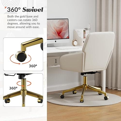 YISHENG Velvet Home Office Chair with Gold Base Upholstered Tufted Modern Height Adjustable 360 Degree Swivel Desk Chair with Wheels, Vanity Chairs for Living Room, Bedroom,Study Room (Cream) thumbnail 9