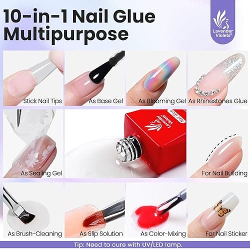 Lavender Violets 15ml 5 in 1 Nail Glue Gel for Nail Tips and Clear Acrylic Nails Long Lasting, Curing Needed UV Extension Glue for False Nail Tips and Press on Nails, Christmas Nail Art A111 thumbnail 2
