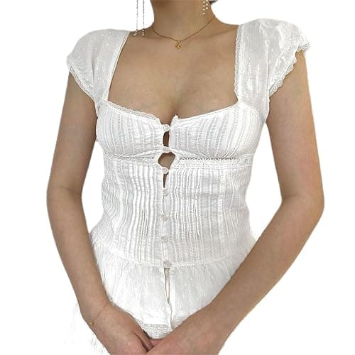 Women Y2k Fairy Grunge Babydoll Top Cute Puff Sleeve Lace Trim Button Shirt Vintage Summer Slim Fit Going Out Blouse - Image 1