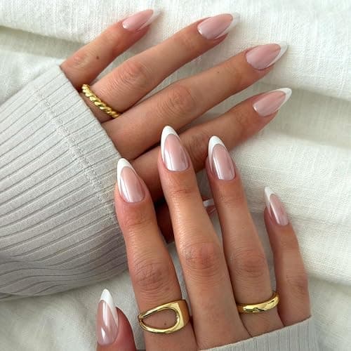 Glamnetic Press On Nails - Medium Almond, Glossy Fake Nails 30 Pc Full Kit | Everyday Pearl press on nails in 15 sizes. French tip glue-on set. Waterproof, chip-resistant, up to 2 weeks wear - Image 1