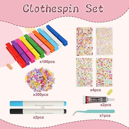 SKDTAZRZ Cheer Pins Spirit Clips - 100 Wooden Colored Clothes Pins with Glue & Tools,Cheer Pin Kit 180 Mini Bows Ducks Daisy Balls 300 Letters 4 Stickers, DIY Custom Pins Cheerleading Gifts thumbnail 4