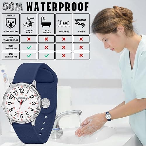TKIIOER Nurse Watch for Nurse Medical Professionals Students Women Men, 50M Waterproof 12/24 Hour Military Time Luminous Easy Read Dial, Second Hand Watch for Nursing - Navy thumbnail 3
