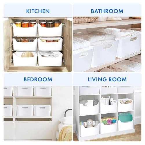 FINESSY White Plastic Bins for Organization, Stackable Storage Containers Kitchen Pantry, Bathroom, Small Closet, Under Cabinet Organizer, Small Storage Containers for Shelves, Plastic Organizer Bins thumbnail 4