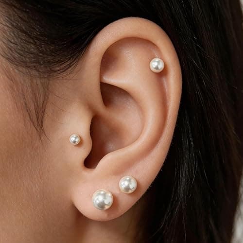 ToHeart 5 Pairs 14K Gold Silver Plated Pearl Stud Earrings for Women 3-7MM | Hypoallergenic Pearl Earrings Set Lightweight Cartilage Piercing Earrings Jewelry Gifts for Women thumbnail 3