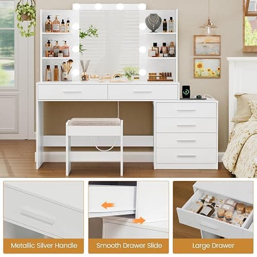 Quimoo 48" Large Vanity Desk with Mirror & Lights, Makeup Vanity Table with 6 Drawers & Power Outlet, 4 Open Storage Shelves, Vanity Desk Set with Stool, for Women Girls, White thumbnail 7
