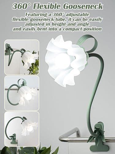 DSYHYL Clip on Light Flower Desk Lamp, LED Reading Light 3 Color Modes Eye-Caring Book Light Flexible Gooseneck Bedside Clip on Lamp for Desk Piano Office Bed Headboard Dorm (Green Lamp) thumbnail 3