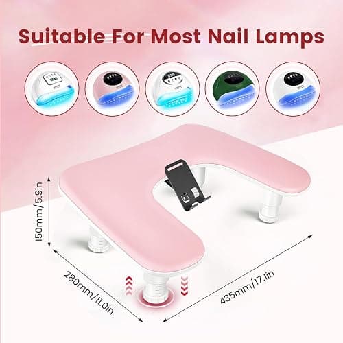 JODSONE Pink U-Shaped Manicure Arm Rest for Nails Tech with Rotating 360°Built-In Phone Holder and Adjustable Nail Arm Rest Detachable Manicure Hand Rest for Salon Design thumbnail 4