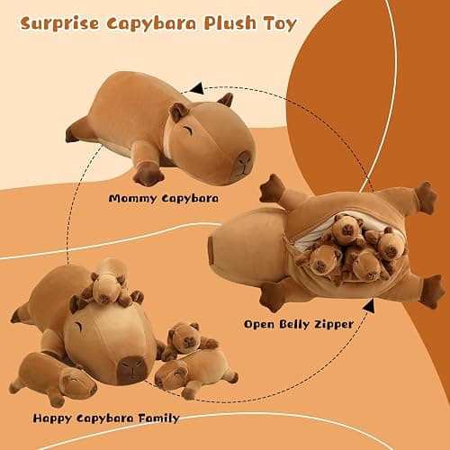 TOYSYM Capybara Plush Cute Capybara Stuffed Animal Pillow with 4 Baby Plushies in Her Tummy, Soft Cotton Stuffed Animals Toy Gifts for Kids thumbnail 4