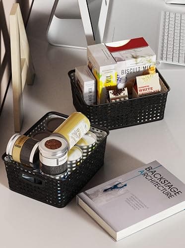 WYT Woven Storage Organizer Basket, 6-Pack Black Plastic Weave Baskets, 10.1 x 7.55 x 4.1 thumbnail 8