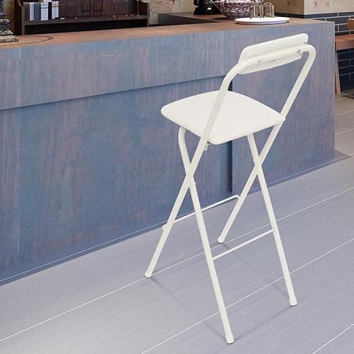 GSHIOIO Folding Bar Stool with Backrest, 29 Inch Leather Padded Counter Height Foldable Stool Portable Tall Foldable Chair 275LBS for Gardening Outdoor Kitchen Camping Shop Cafe (White, 1 Pack) thumbnail 2