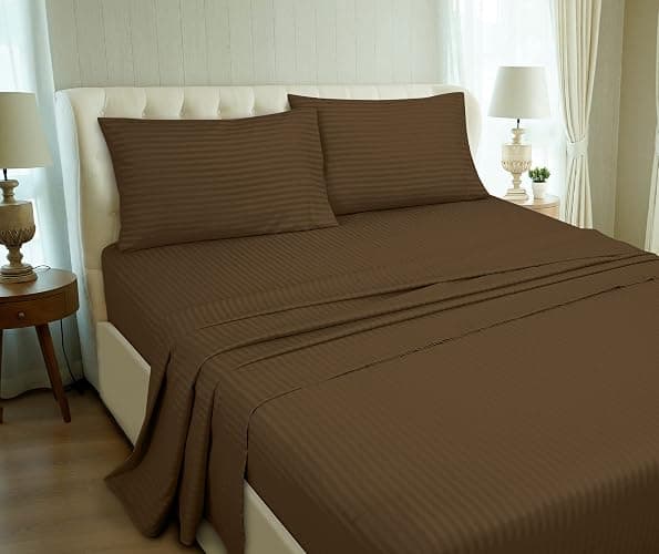 ROYALE LINENS 4 Piece Full Sheets Set - Soft Brushed Microfiber Bedding - 1 Fitted, 1 Flat Sheet, 2 Pillow Cases - Wrinkle Free & Fade Resistant - Hotel Luxury Bed Sheets (Stripe Chocolate, Full) thumbnail 5
